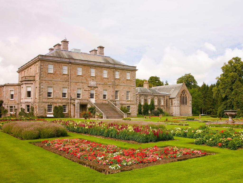 Haddo House is an impressive classical mansion with a fine interior in gardens and landscaped policies, long held by the Gordons and near Ellon in Aberdeenshire in northeast Scotland.