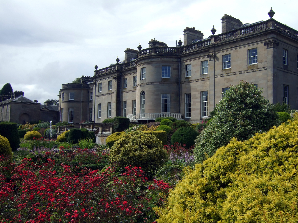 Manderston House, a fabulous classical mansion with its famous sliver staircase, located in lovely gardens and landscaped grounds near Duns in Berwickshire in the Borders in south-east Scotland, and now held by Lord Palmer.