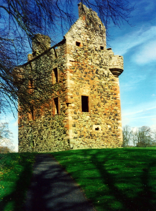 Greenknowe Tower, a ruinous but an attractive old tower house, held by the Setons and then the Pringles, located in a pretty spot with old trees near the village of Gordon in the Borders.