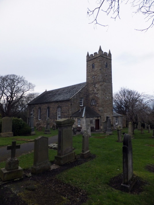 Tranent Parish Church, near Tranent Tower is a ruinous old tower house of the Seton family and then the Valance family, not far from the atmospheric parish church in a fine wooded setting with many old carved tombstones and a large doocot, at Tranent in E