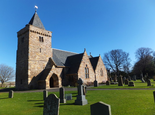 Aberlady Parish Church, near Kilspindie Castle, a very ruinous tower house, located in a lovely spot by the sea in a field to the north of pretty village of Aberlady with its fine parch church in East Lothian in central Scotland.