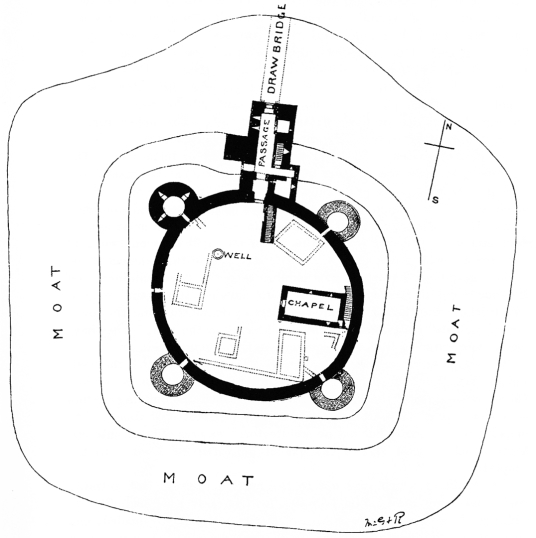 Plan of Rothesay Castle, an unusual round but ruinous old stronghold with an impressive gatehouse and protected by a wet moat, standing in Rothesay on the island of Bute and royal residence of Robert II and Robert, kings of Scots.