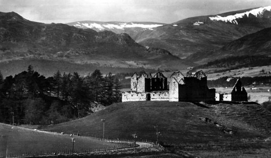 Ruthven Castle or Ruthven Barracks, the large ruin of a government barracks built on the earthworks of a much older castle, near Kingussie in the Highlands of Scotland.