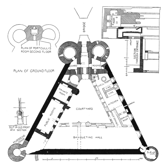 Plan of ground floor of Caerlaverock Castle, an impressive and romantic old ruinous castle of the Maxwell family, near Dumfries.