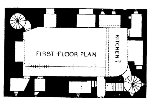 Plan of first floor of Newark Castle, a strong but ruinous old tower in a peaceful spot, built by the Douglases and scene of a cruel massacre, in the grounds of Bowhill, near Selkirk in the Borders in the south of Scotland.