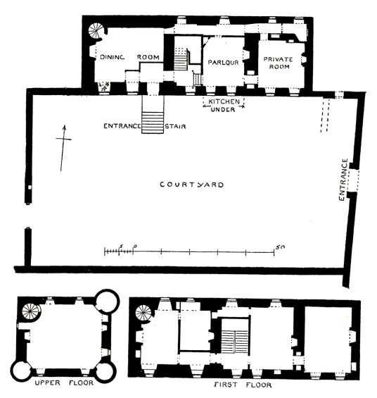 Plans, Midhope Castle, an impressive derelict tower house, once home to the Lindsays, and used as Lallybroch in the Outlander TV series, in the Hopetoun estate, near Linlithgow in West Lothian in central Scotland.