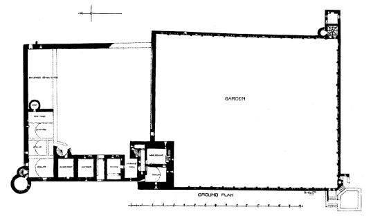 Plan of ground floor of Edzell Castle, a substantial ruinous old stronghold of the Lindsay family with a fabulous walled garden, in a pretty peaceful spot neat the village of Edzell north of Brechin in Angus in Scotland.