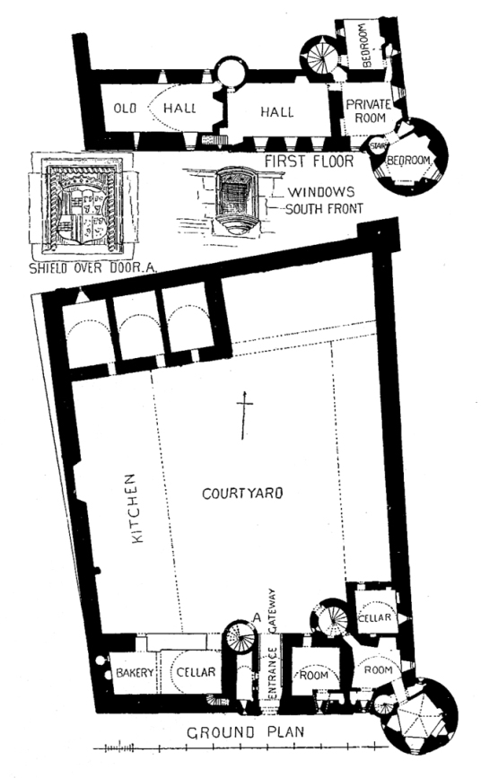 Plans of Balvenie Castle, a large ruinous courtyard castle with ranges of buildings enclosed by a strong curtain wall and ditch, in a pleasant and peaceful spot near Dufftown in Moray in northern Scotland.