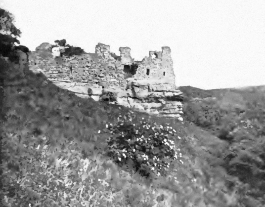 Innerwick Castle, a very ruinous but picturesque old fortress in a pretty wooded spot above a burn in Thornton Glen, held by the Hamiltons and Maxwells and some miles from Dunbar in East Lothian in southeast Scotland.