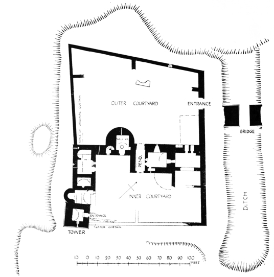 Plan, Sanquhar Castle, a very ruinous old but once important stronghold of the powerful Crichton family and then the Douglases, in a scenic spot near the burgh of Sanquhar in Nithsdale in Dumfries and Galloway in southern Scotland.