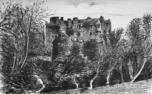 Elcho Castle, a well-preserved large castle in a pretty spot, the hall is a particularly fine chamber, long held by the Wemyss family, near Bridge of Earn and Perth.