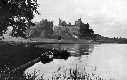 Linlithgow Palace, a large, ruinous and impressive royal residence of the monarchs of Scotland and birthplace of Mary, Queen of Scots, in a scenic location in a park with a pond in the historic burgh of Linlithgow.