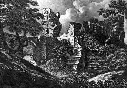 Etching of Roslin Castle, an impressive, partly ruinous old stronghold on a rock above the River Esk, long held by the Sinlcairs and near the beautiful and intricately carved Rosslyn Chapel