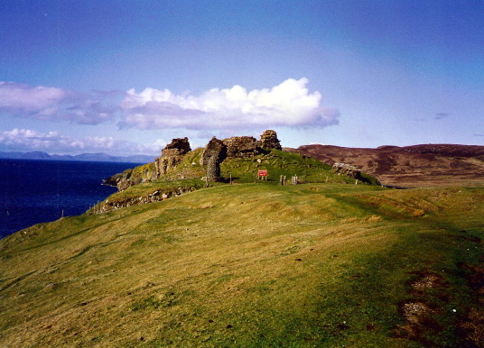 Duntulm Castle, a shattered and crumbling old stronghold, long held by the MacDonalds and said to be haunted by several ghosts, in a beautiful cliff top location overlooking the sea out to the Outer Hebrides, on the north of the island of Skye.