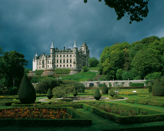 Dunrobin Castle, the maginficent, fairytale old stronghold of the Earls and Dukes of Sutherland in beautiful gardens and grounds, by the sea near Golspie in Sutherland in the north of Scotland.