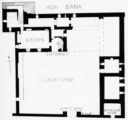 Plan, Redhouse Castle, an impressive ruinous tower house and courtyard, held by the Laings and then by the Hamiltons, near Longniddry in East Lothian .