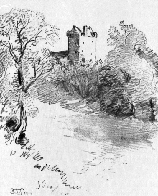 Aikwood Tower (Oakwood Tower) is a fine old tower house in a pretty spot, long held by the Scott family but now a B&B, near Selkirk in the Borders of Scotland.