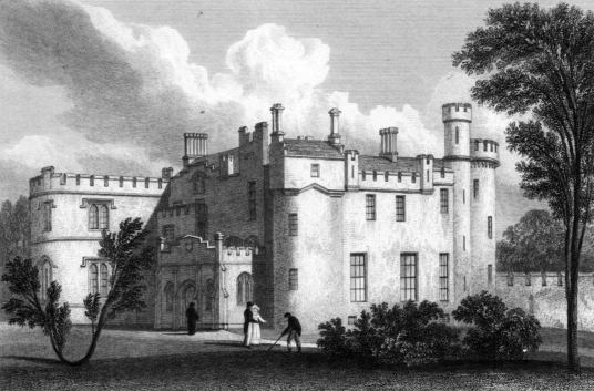 Cortachy Castle, a magnificent old castle and mansion in a pretty spot with fine gardens, long held by the Ogilvies of Airlie, and near Kirriemuir in Angus in northeast Scotland.