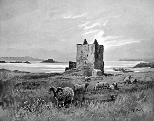 Breachacha Castle, a scenic old restored castle near the later mansion, of the MacLeans of Coll, by a beautiful sandy beach on the coats of the lovely and peaceful Hebridean island of Coll.