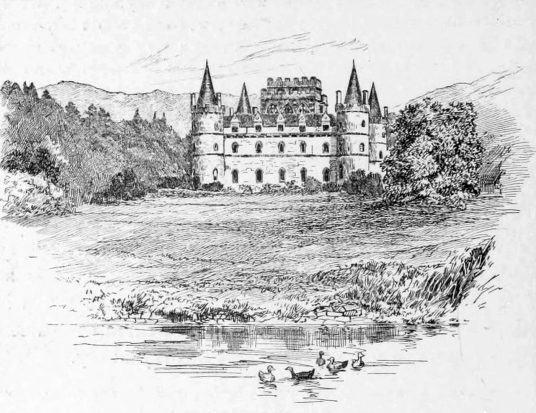 Inverary Castle, a magnificent towered mansion, the seat of the Campbell Dukes of Argyll and located among colourful gardens in a beautiful spot by Loch Fyne near the attractive burgh of Inveraray in Arygll.