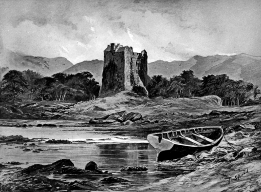 Moy Castle is a stark old ruinous tower in a fantastic scenic location by the sea, long a property of the MacLaines, at Lochbuie, on the south coast of the Hebridean island of Mull.