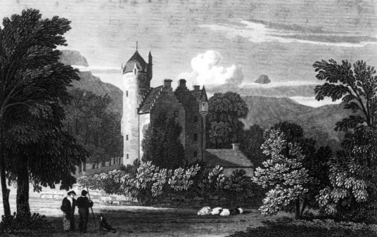 Grantully Castle, an impressive and well=preserved old castle of the Stewart family in a beautiful spot near Aberfeldy in Perthshire in the Highlands of Scotland.