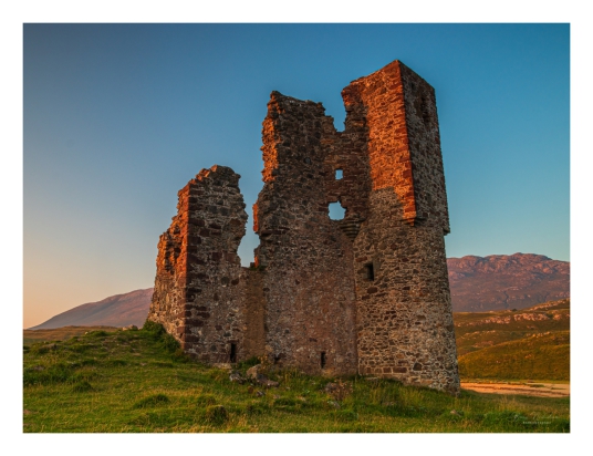 Ardvreck Castle by Brian Nicholson, a ruinous old stronghold of the MacLeods of Assynt, in a beautiful spot on the banks of Loch Assynt with the ruin of Calda House, a later house of the Mackenzies, nearby, near Inchnadamph, in Sutherland in the north of 