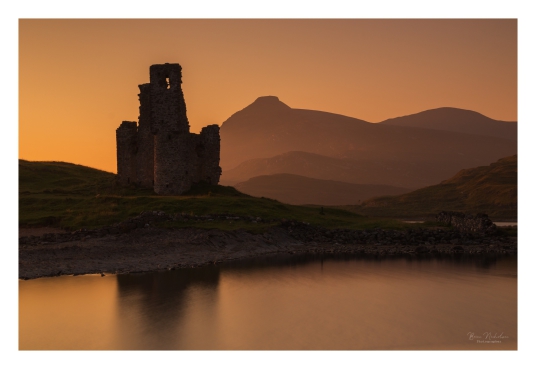 Ardvreck Castle by Brian Nicholson, a ruinous old stronghold of the MacLeods of Assynt, in a beautiful spot on the banks of Loch Assynt with the ruin of Calda House, a later house of the Mackenzies, nearby, near Inchnadamph, in Sutherland in the north of 