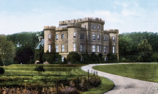 Monzie Castle, an imposing mansion incorporating an old tower house in a scenic spot near the interesting town of Crieff in Perthshire in central Scotland, and held by the Grahams (Graemes) and then by the Campbells.