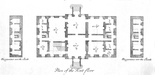 Mertoun House (Harden House): plan of first floor (Vitruvius Scoticus, Adam 1810) near St Bowswells and Kelso, owned by the Scotts and then the Duke of Sutherland, fine gardens