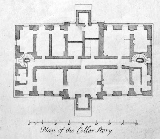 Mertoun House plan cellar storey Vitruvius Scoticus Adam 1810, near St Boswells and Kelso, owned by the Scotts then the Duke of Sutherland, fine gardens