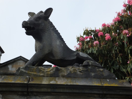 Carving in stone of a hog, Newliston House is a fine Adam mansion, set in landscaped grounds near Kirkliston in West Lothian in central Scotland, and held by the Dundas family, the Dalrymples of Stair, and then the Hog family.