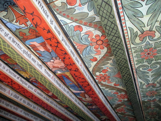 Painted ceiliong, Crathes Castle is a massive and impressive old tower house of the Burnett family, set in a pleasant spot in fabulous wooded grounds with a stunning walled garden, haunted by a Green Lady ghost and located near Banchory in Aberdeenshire.