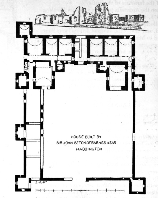Plan, Barnes Castle, a picturesque ruinous old building, built by the Setons but never completed, near Athelstaneford in East Lothian in south-east Scotland.