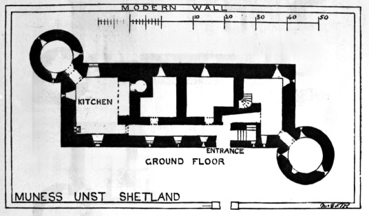 Plan of basement, Muness Castle is the most northerly castle in Britain, and is a fine impressive ruin in a quiet and lonely spot on the island of Unst in the Shetland islands in the far north of Scotland, once home to the Bruces, incomers to Shetland.