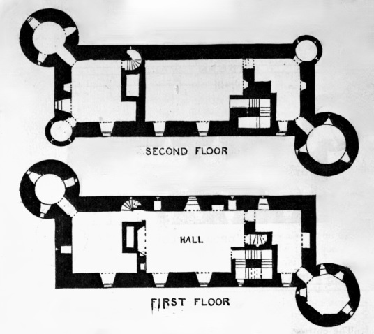Plan of first and second floors, Muness Castle is the most northerly castle in Britain, and is a fine impressive ruin in a quiet and lonely spot on the island of Unst in the Shetland islands in the far north of Scotland, once home to the Bruces, incomers 