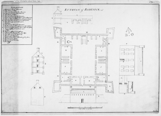 Plan, Ruthven Castle or Ruthven Barracks, the large ruin of a government barracks built on the earthworks of a much older castle, near Kingussie in the Highlands of Scotland.