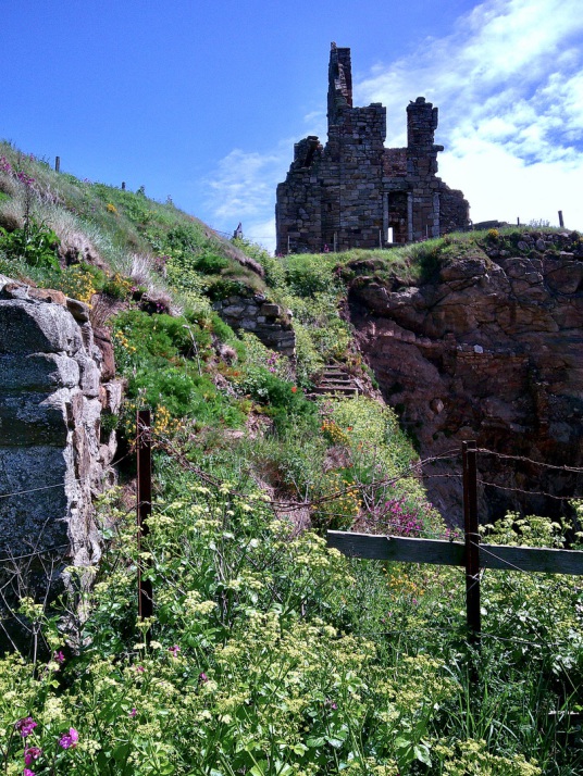 Old entrance path, Newark Castle, near the pretty fishing village of St Monans in the East Neuk of Fife, is a picturesque crumbling ruin on cliffs above the Firth of Forth, once owned by the Covenanter general Sir David Leslie.