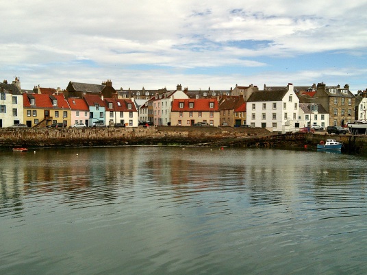 St Monans village from the harbour, St Monans Old Kirk, Newark Castle, near the pretty fishing village of St Monans in the East Neuk of Fife, is a picturesque crumbling ruin on cliffs above the Firth of Forth, once owned by the Covenanter general Sir Davi