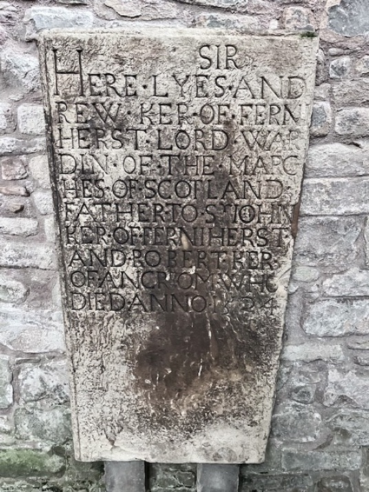 Grave slab Andrew Kerr of Ferniehirst, 1524, Lothian Aisle, Jedburgh Abbey, near Jedburgh Castle, once an important royal castle, Malcolm IV died here and Alexander III was married here, but it was completely demolished and the site is occupied by Jedburg
